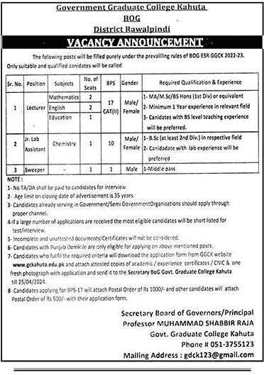 New Govt Graduate College Kahuta Jobs in Rawalpindi April 2024 Advertisement
